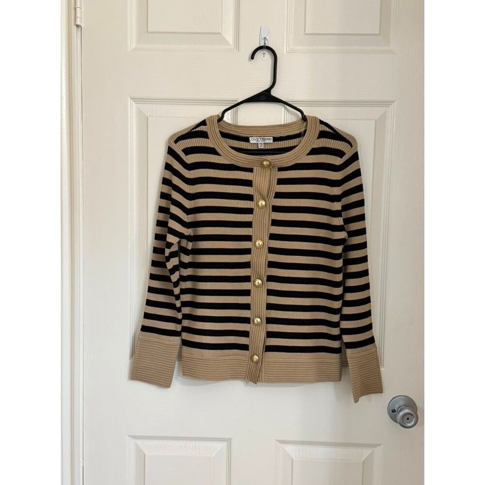 LoveTrend New York Striped Rib Knit Cardigan Gold Button Beige Black Petite Medi